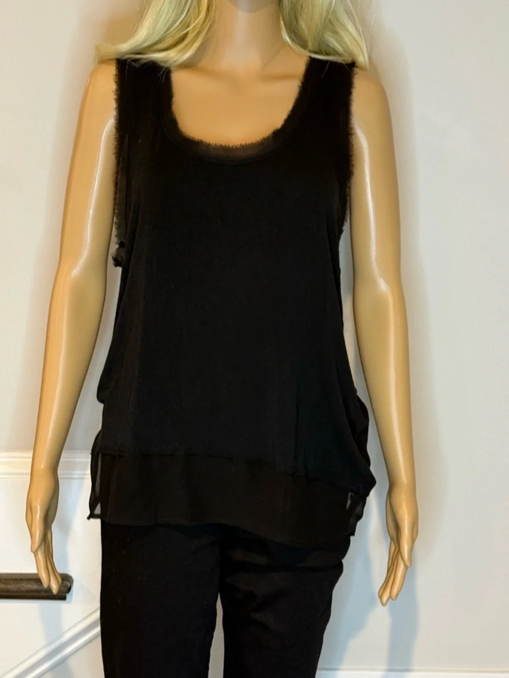 Bordeaux Black Scoop Neck Tank Top with sheer detailing on sleeve and hem - Picture 3 of 6